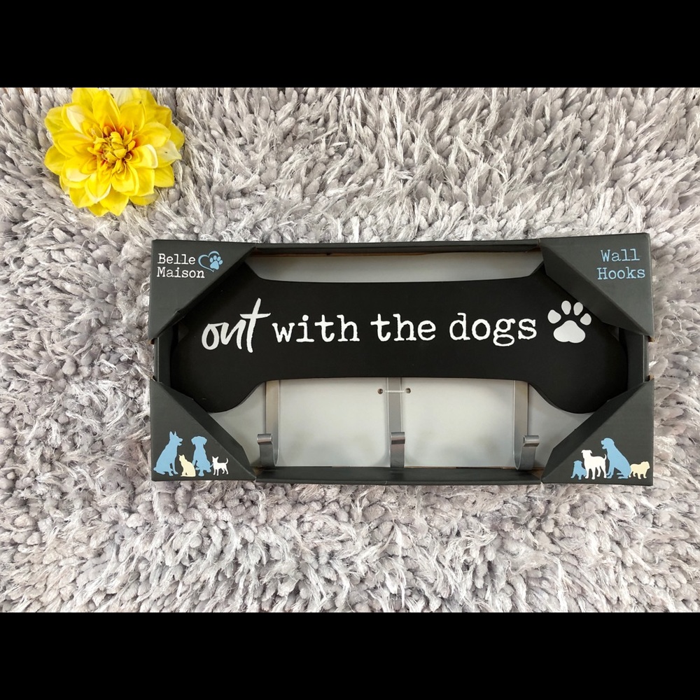 🆕 Bone shaped wall art w/hooks “OUT WITH THE DOGS